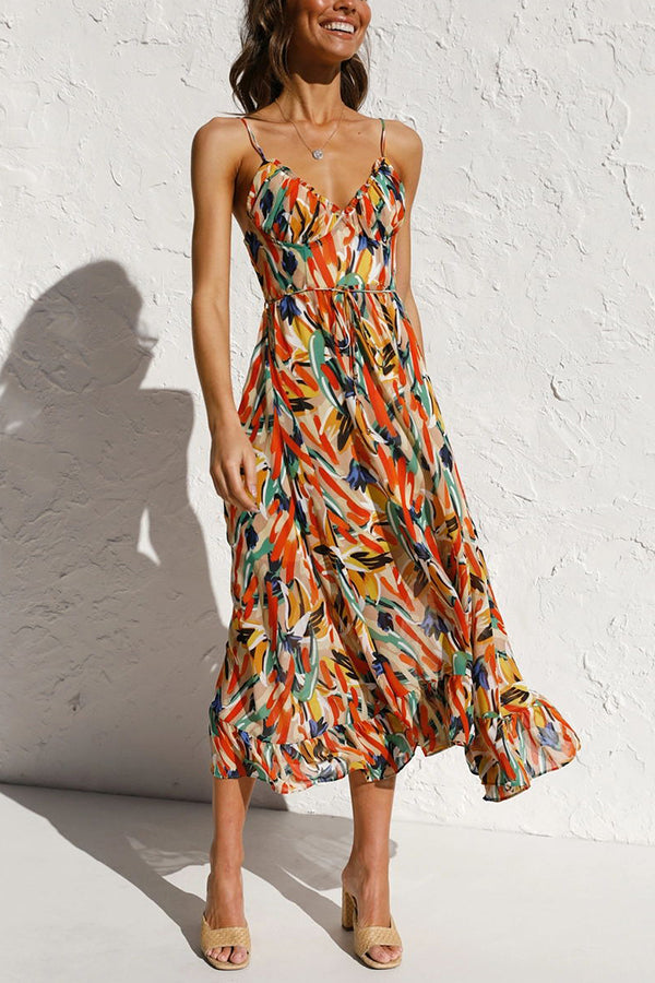 Abstract Print Spaghetti Strap V-Neck Drawstring Waist Tiered Ruffle Midi Dress