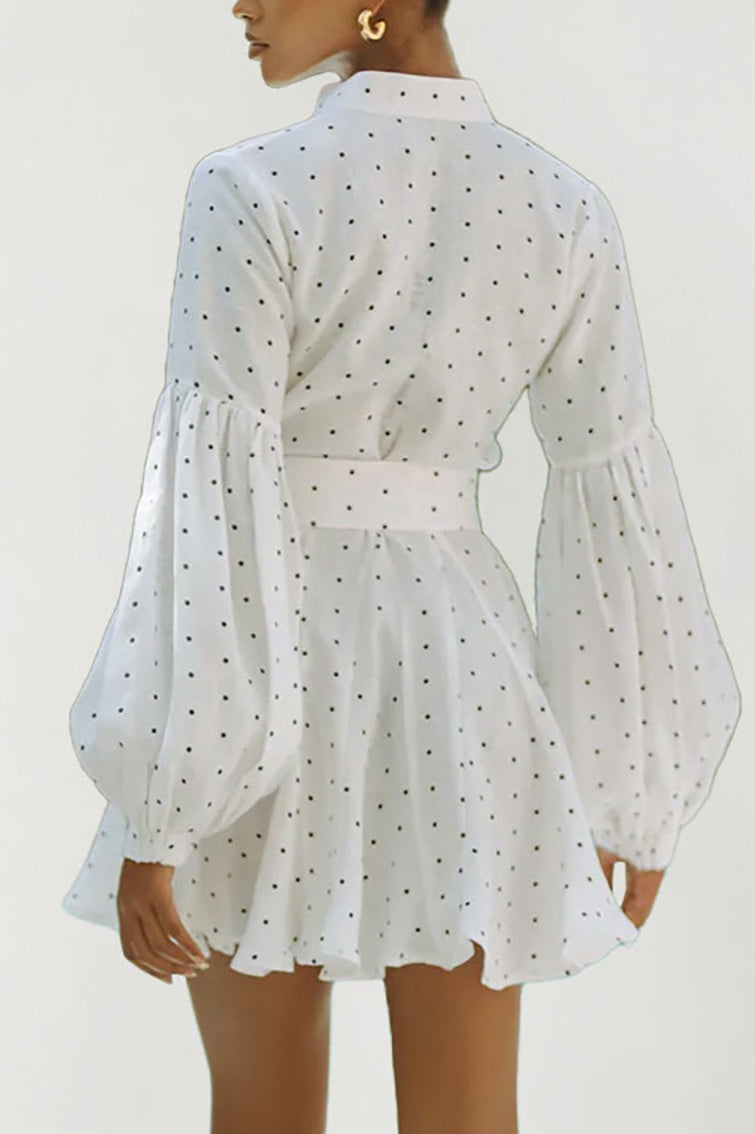 White Collared Button Front Lantern Sleeve Tie Waist Polka Dot Mini Dress