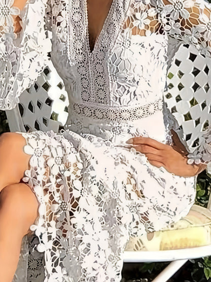 Guipure Lace Bell Sleeve Scalloped Hem Ruffle Tier Maxi Dress