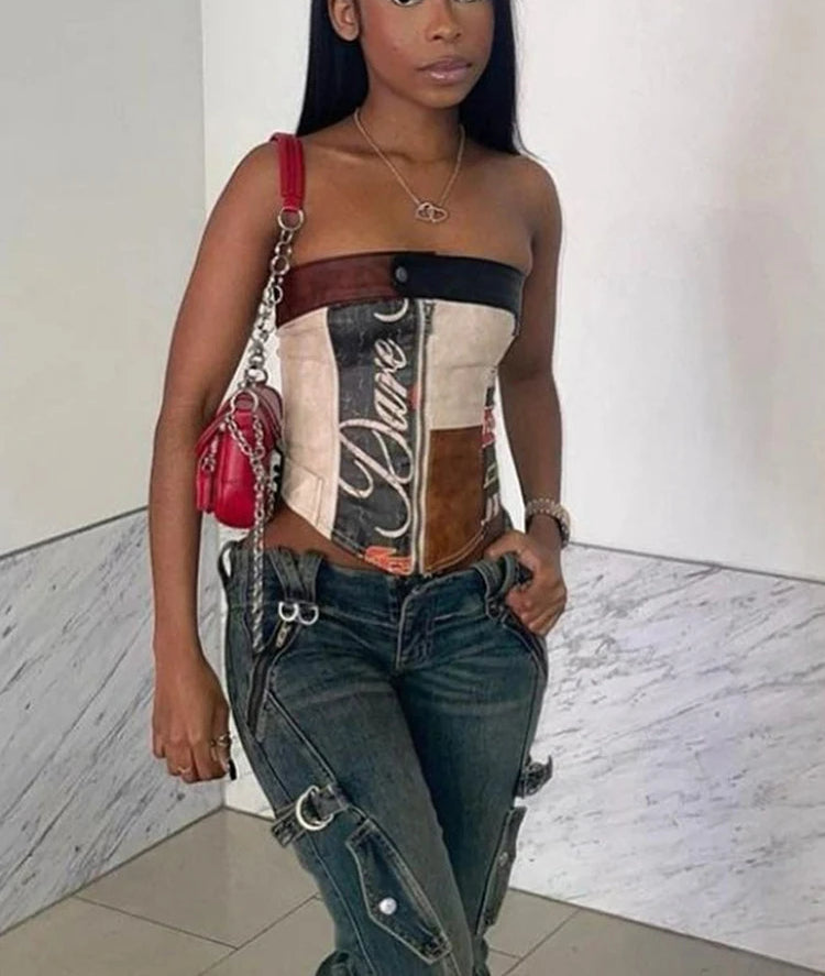 PU Patchwork Zip Button Strapless