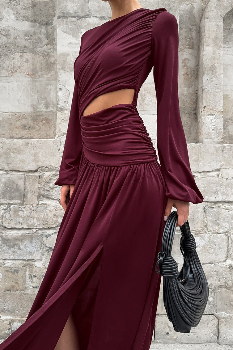 Vintage Round Neck Long Sleeve Cutout Maxi Dress