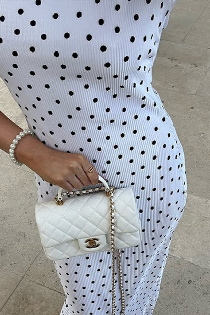 Polka Dot Mock Neck Sleeveless Bodycon Maxi Dress