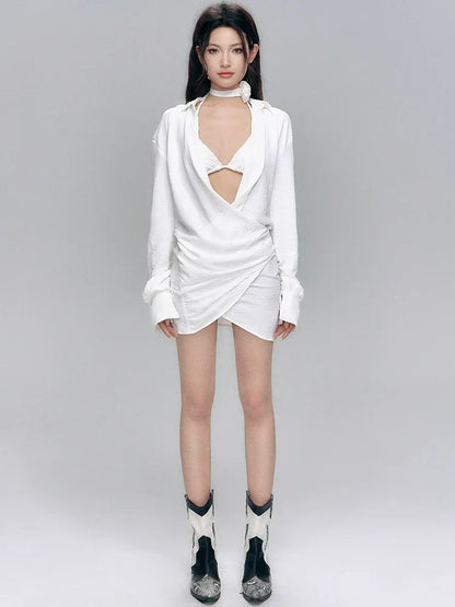 White Asymmetrical Wrap Dress with Bikini Top
