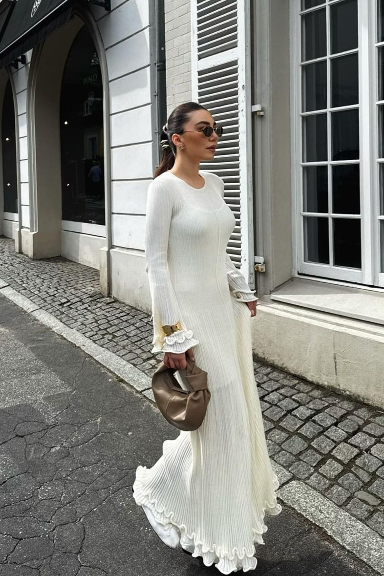 Rib Knit Ruffled Cuff Lettuce Hem Long Sleeve Maxi Dress