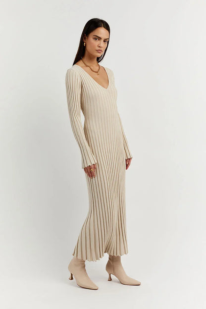 Rib Knit V-Neck Bell Sleeve Lettuce Hem Maxi Dress