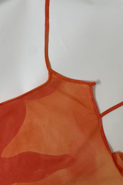 Orange Spaghetti Strap Square Neck Floral Print Mesh Overlay Side Slit Maxi Dress