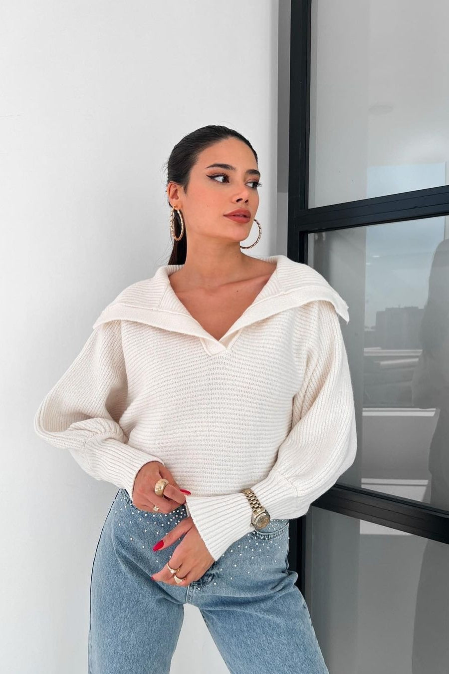 Lantern Sleeve Open Collar Knit Sweater