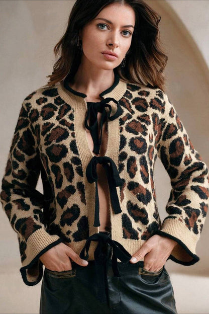Leopard Print Loose Slouchy Drawstring Knit Cardigan