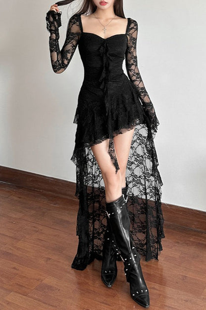 Lace Long Sleeve Lace Up Corset Sweetheart High Low Train Mini Dress