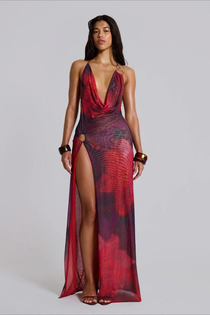 Red Plunging Cowl Neck Abstract Print Mesh Ring Detail High Slit Maxi Dress