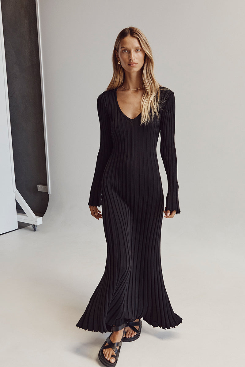 Rib Knit V-Neck Bell Sleeve Lettuce Hem Maxi Dress