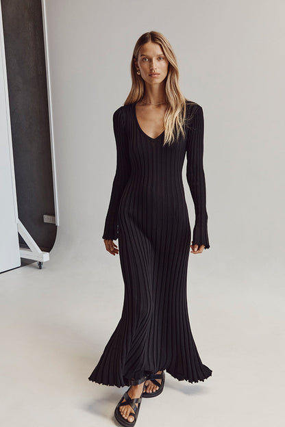 Rib Knit V-Neck Bell Sleeve Lettuce Hem Maxi Dress