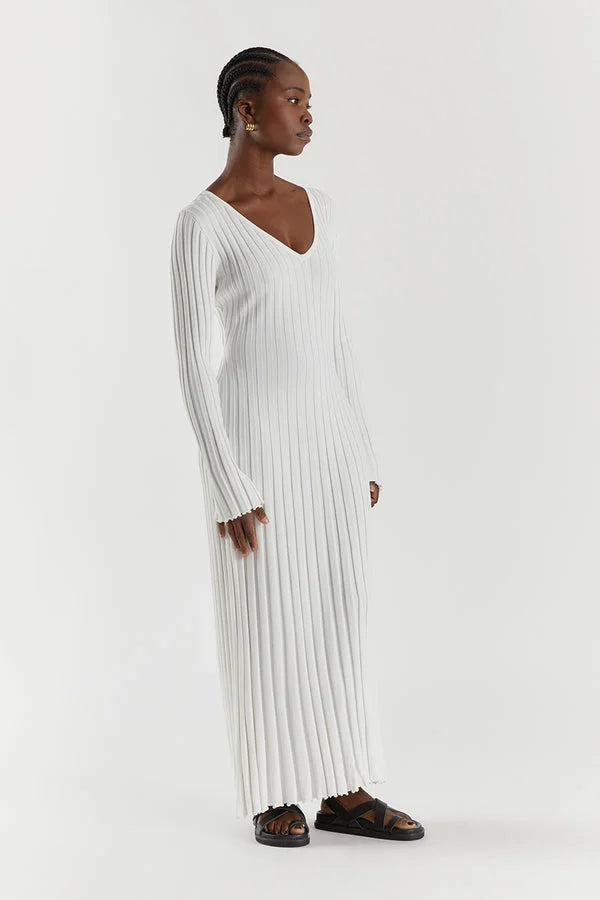 Rib Knit V-Neck Bell Sleeve Lettuce Hem Maxi Dress