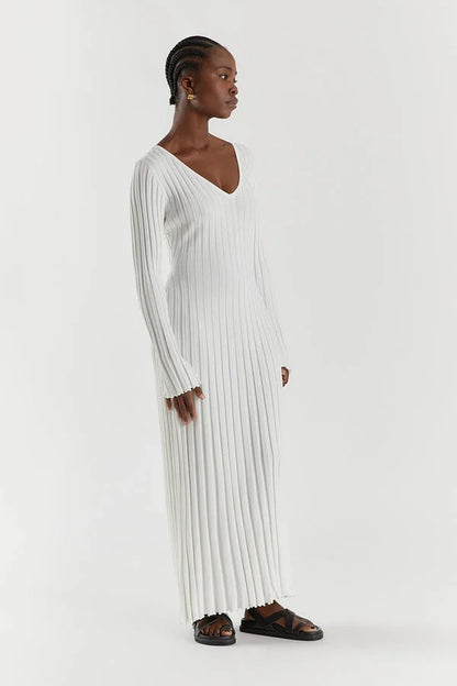 Rib Knit V-Neck Bell Sleeve Lettuce Hem Maxi Dress