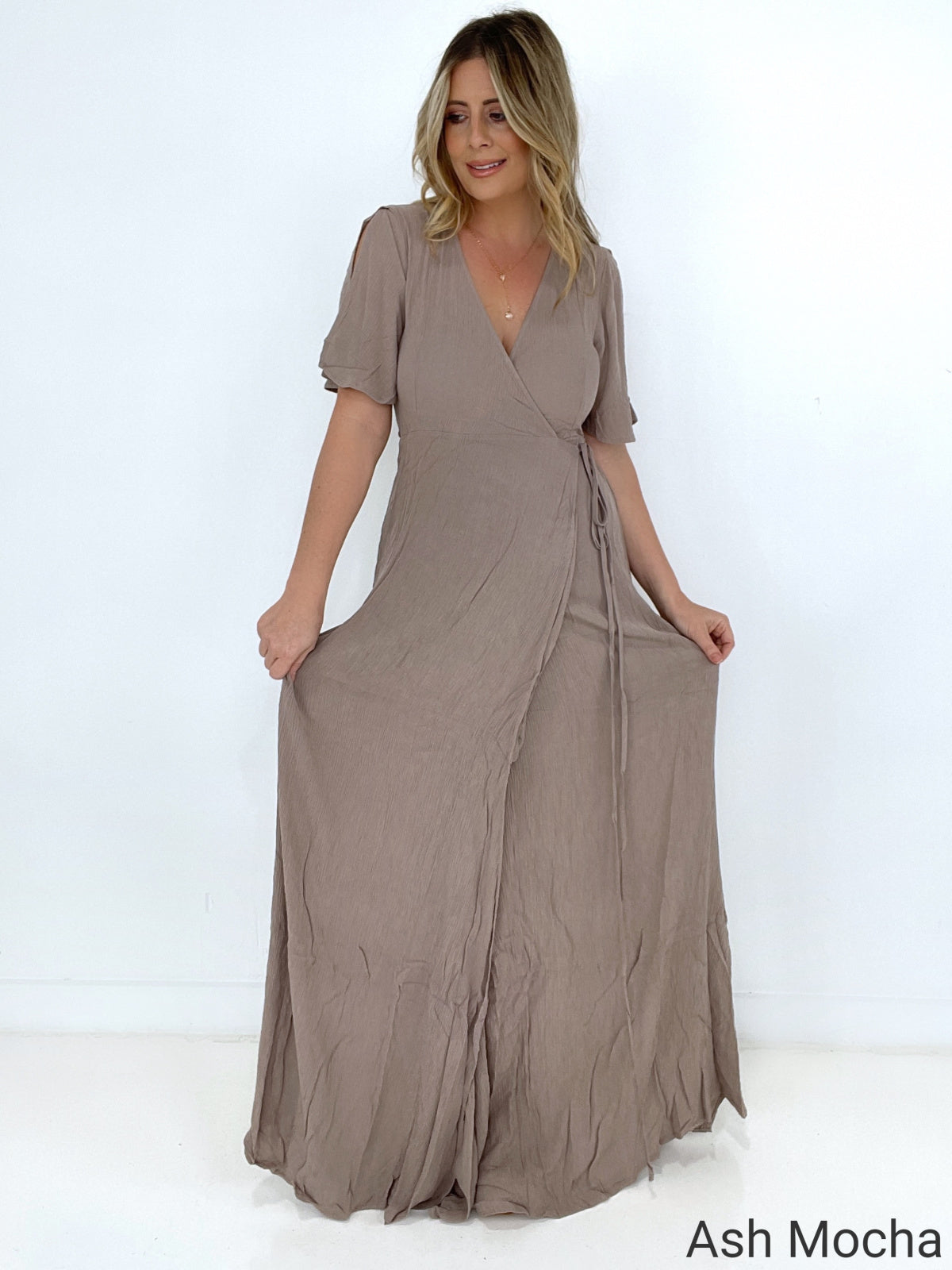 V Neck Flutter Sleeve Slit Arm Tie Side Wrap Gauze Maxi Dress