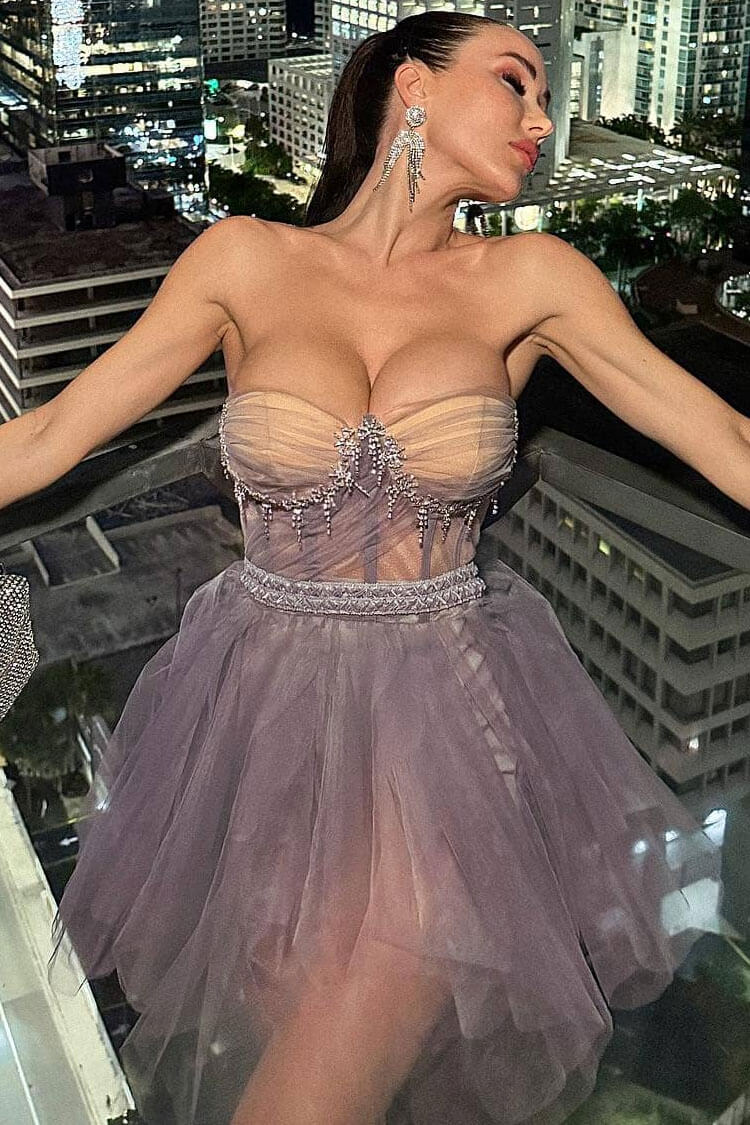 Beaded Strapless Corset Bodice Bow Embellished Tiered Tulle Mini Dress