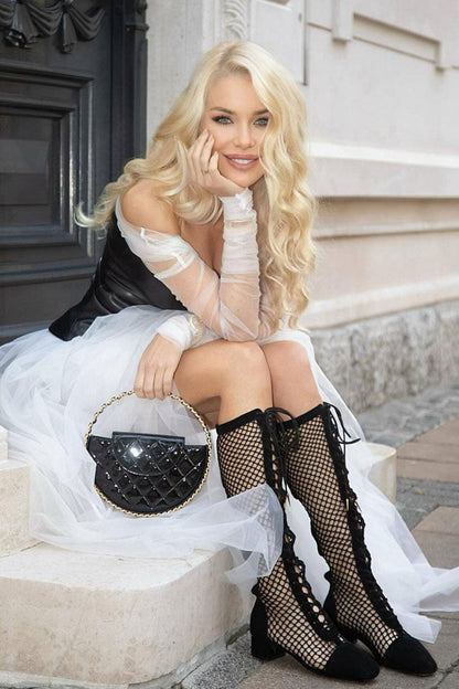 Off Shoulder Mesh Sleeve Strapless Faux Leather Corset Tiered Tulle Maxi Dress
