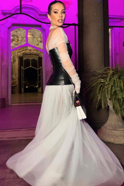 Off Shoulder Mesh Sleeve Strapless Faux Leather Corset Tiered Tulle Maxi Dress