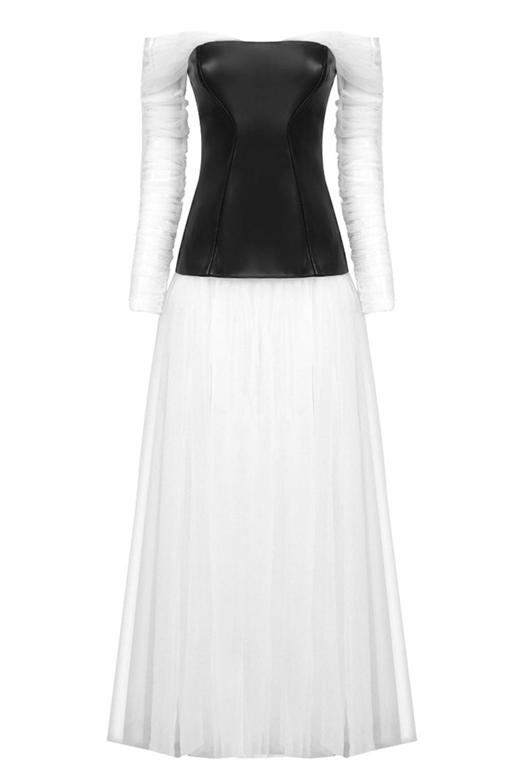 Off Shoulder Mesh Sleeve Strapless Faux Leather Corset Tiered Tulle Maxi Dress