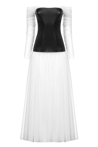 Off Shoulder Mesh Sleeve Strapless Faux Leather Corset Tiered Tulle Maxi Dress