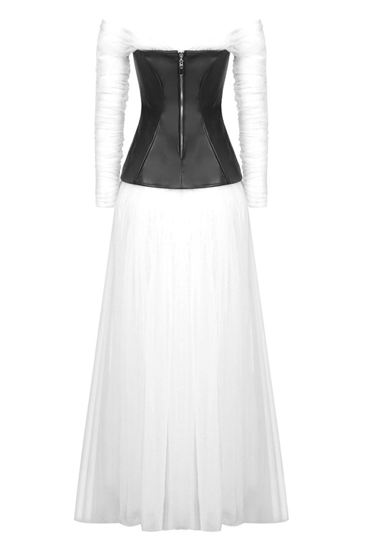 Off Shoulder Mesh Sleeve Strapless Faux Leather Corset Tiered Tulle Maxi Dress