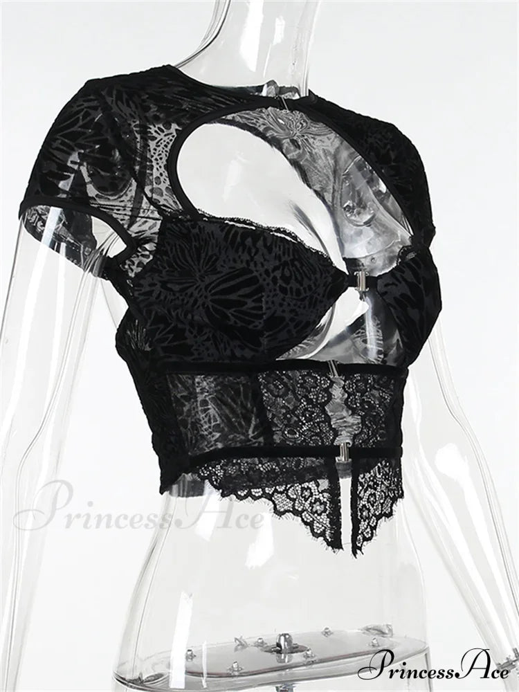 Fairycore Grunge Lace Backless Hollow Out Short Sleeve T-Shirts