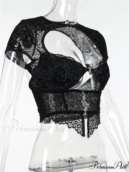 Fairycore Grunge Lace Backless Hollow Out Short Sleeve T-Shirts