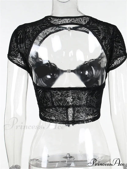 Fairycore Grunge Lace Backless Hollow Out Short Sleeve T-Shirts