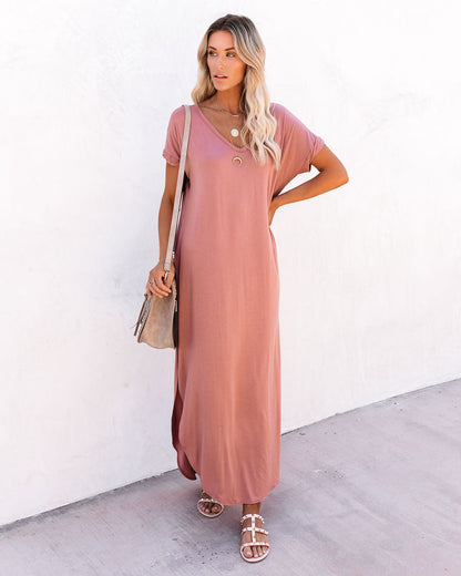 V Neck Short Sleeve Pocket Side Slit Knot Hem Maxi T Shirt Dress