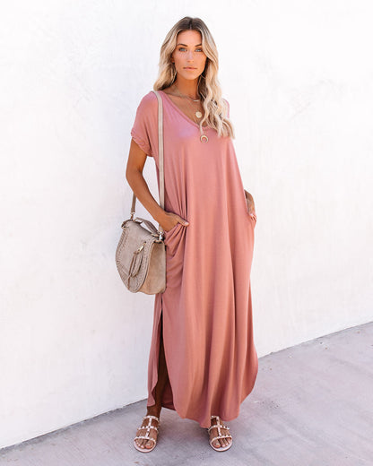 V Neck Short Sleeve Pocket Side Slit Knot Hem Maxi T Shirt Dress