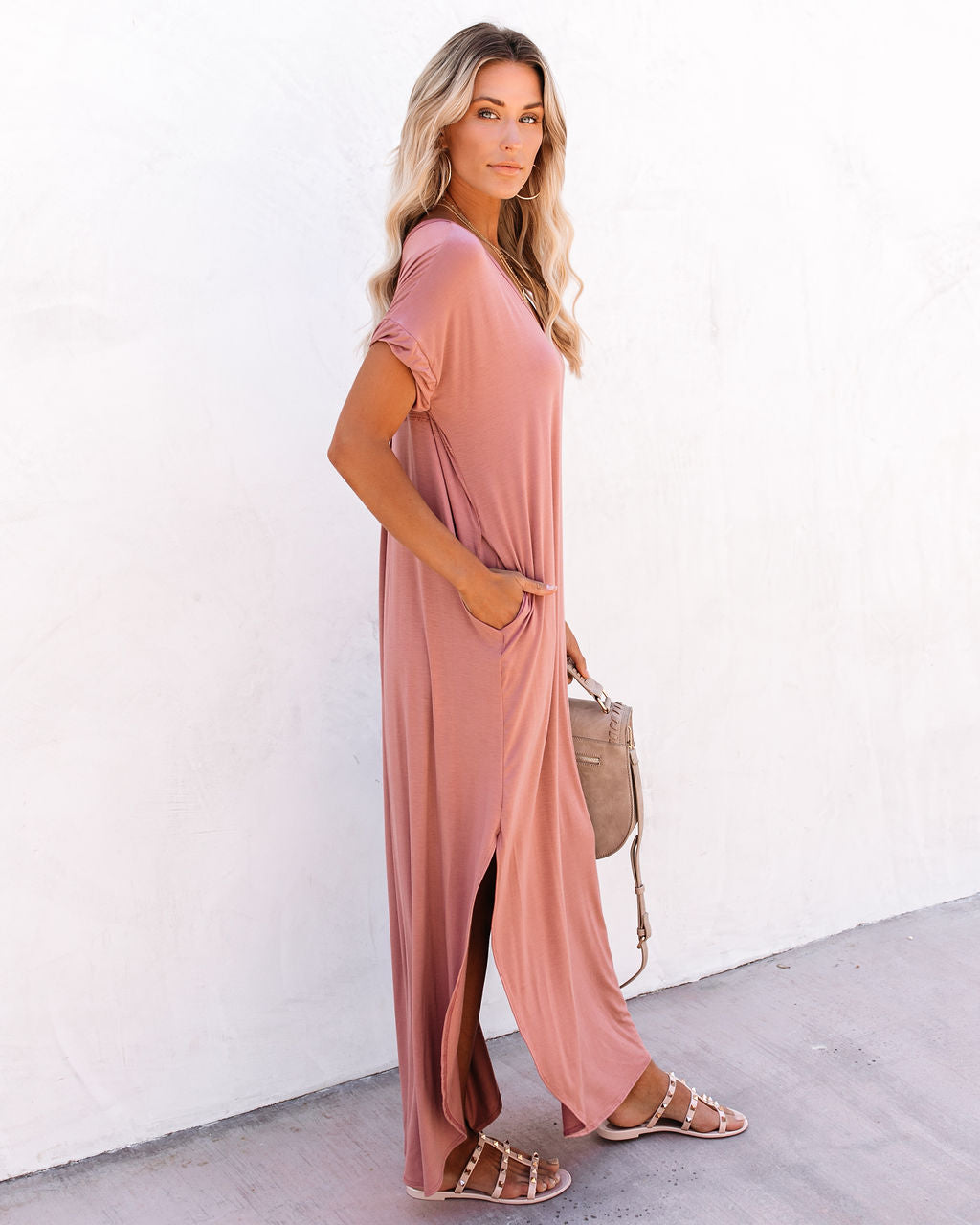 V Neck Short Sleeve Pocket Side Slit Knot Hem Maxi T Shirt Dress
