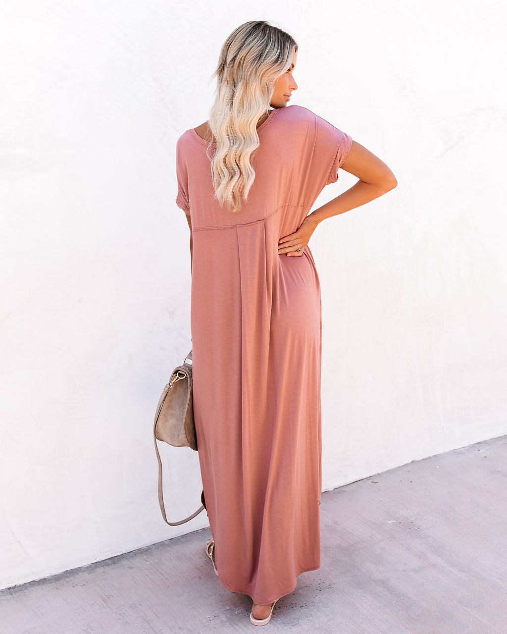 V Neck Short Sleeve Pocket Side Slit Knot Hem Maxi T Shirt Dress