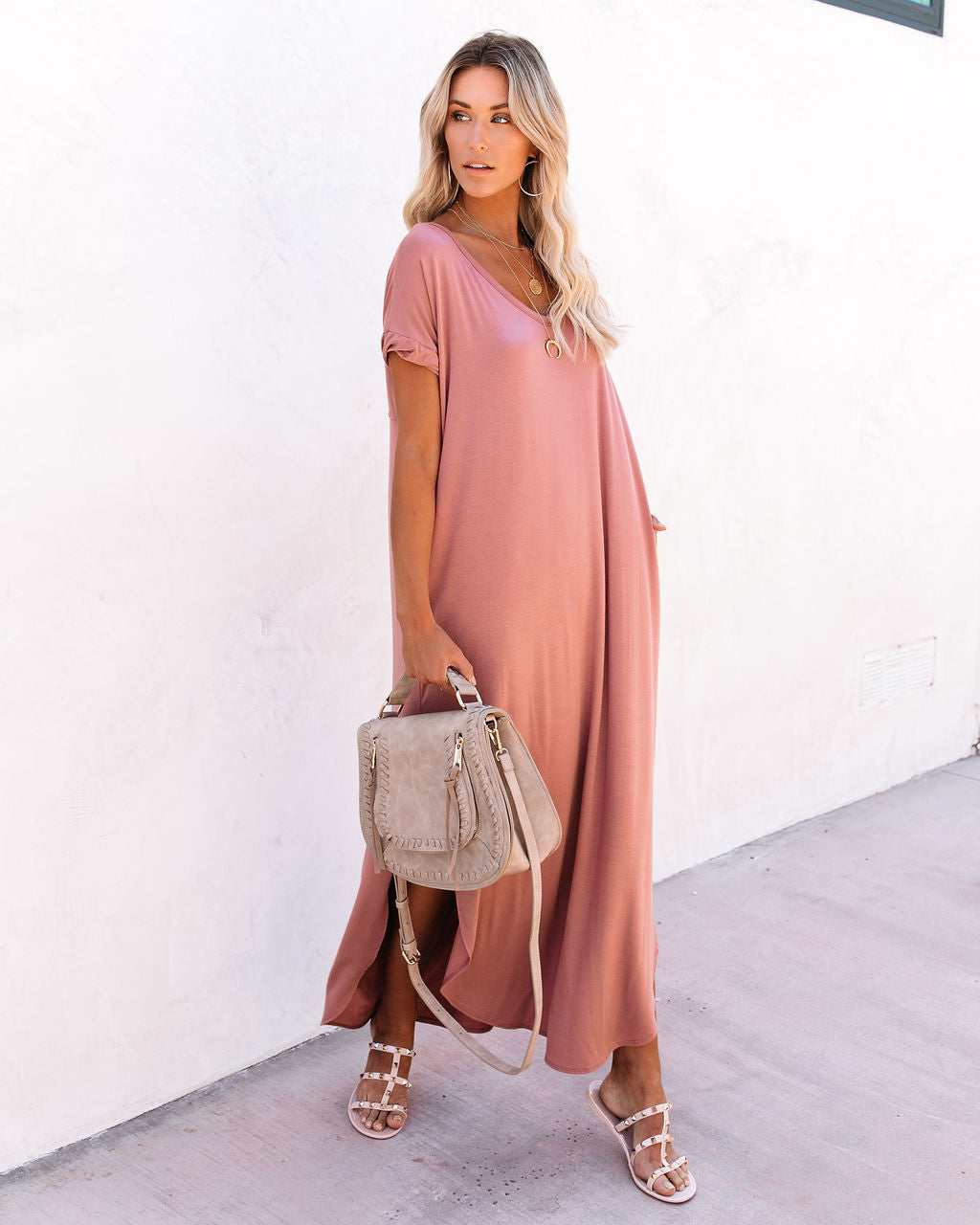 V Neck Short Sleeve Pocket Side Slit Knot Hem Maxi T Shirt Dress