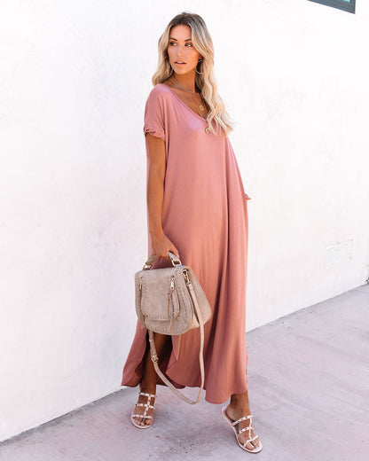 V Neck Short Sleeve Pocket Side Slit Knot Hem Maxi T Shirt Dress