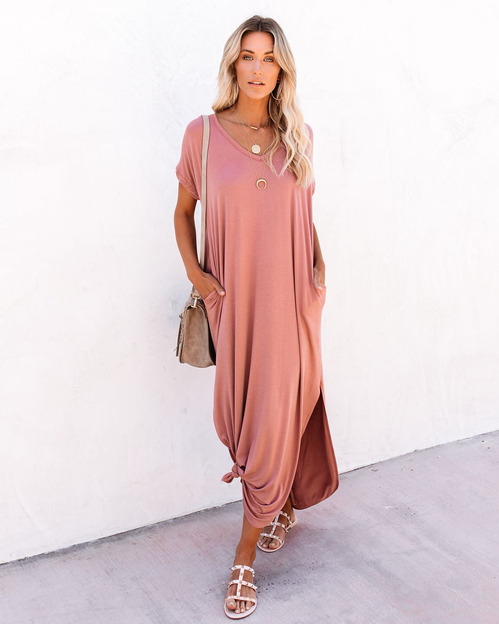 V Neck Short Sleeve Pocket Side Slit Knot Hem Maxi T Shirt Dress