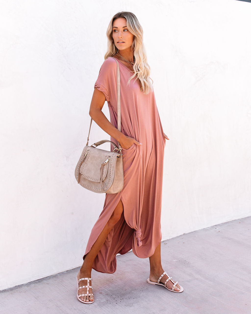 V Neck Short Sleeve Pocket Side Slit Knot Hem Maxi T Shirt Dress