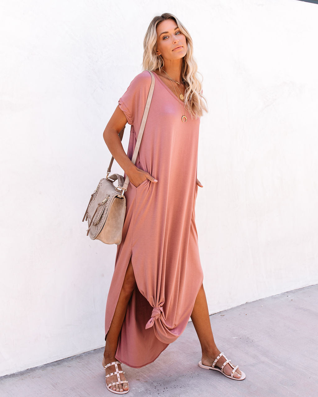 V Neck Short Sleeve Pocket Side Slit Knot Hem Maxi T Shirt Dress