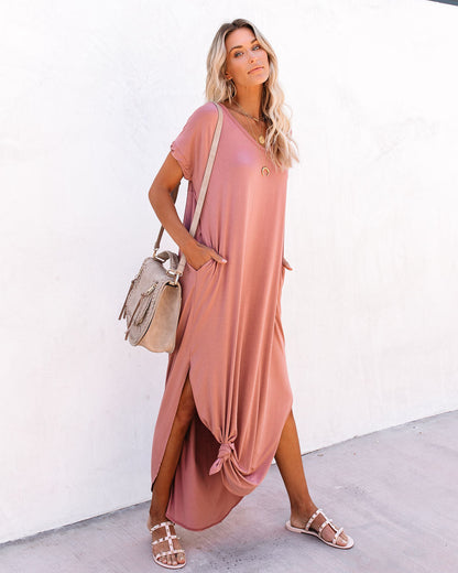V Neck Short Sleeve Pocket Side Slit Knot Hem Maxi T Shirt Dress