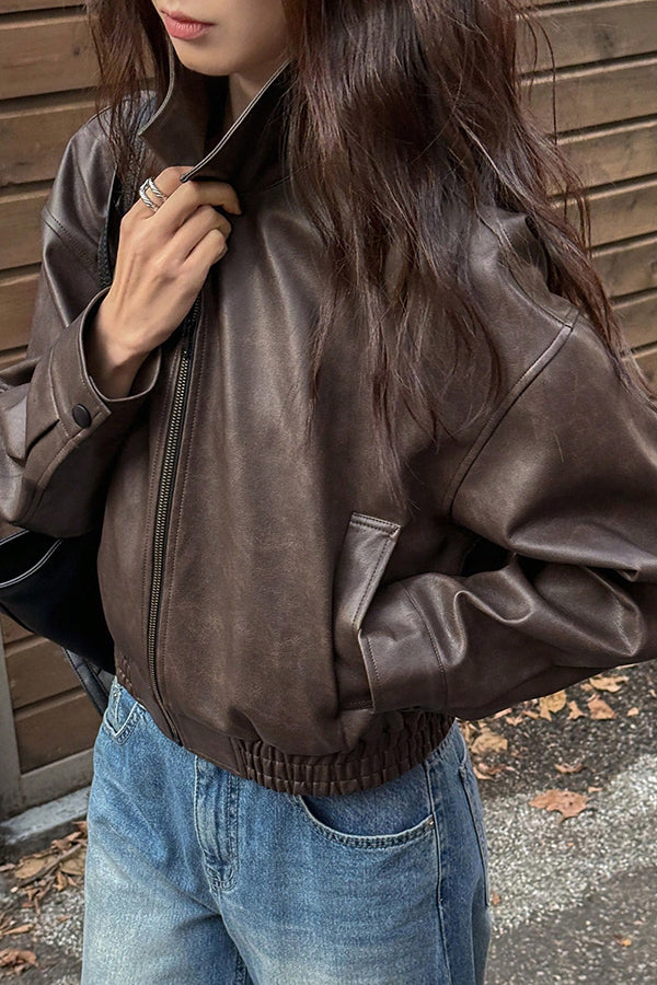 Fashion Lapel Long Sleeve Casual Pocket Short Leather Jacket