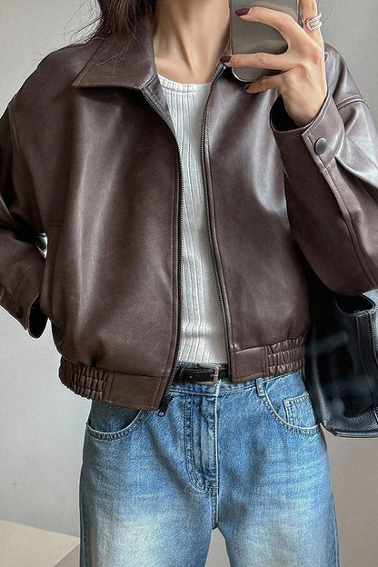 Fashion Lapel Long Sleeve Casual Pocket Short Leather Jacket