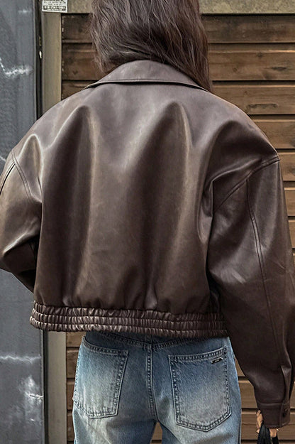 Fashion Lapel Long Sleeve Casual Pocket Short Leather Jacket