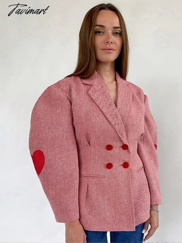 Fashion Pink Plaid Heart Print Coat Women Lapel Lantern Sleeve Notched Double Breasted Jacket Autumn Grace Female Outwear