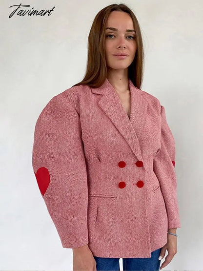 Fashion Pink Plaid Heart Print Coat Women Lapel Lantern Sleeve Notched Double Breasted Jacket Autumn Grace Female Outwear