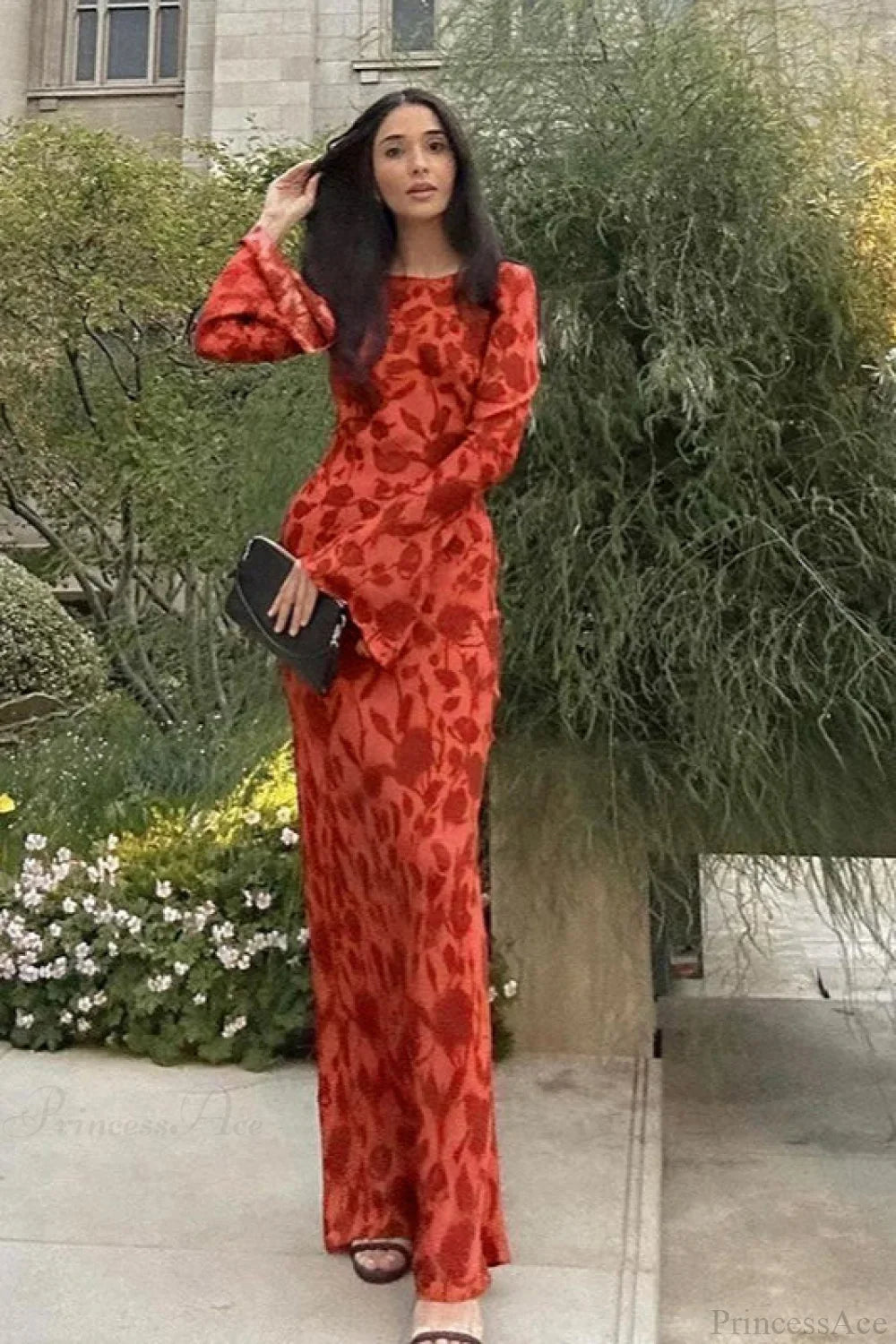 Fashion Print Fitted Crew Neck Maxi Dress