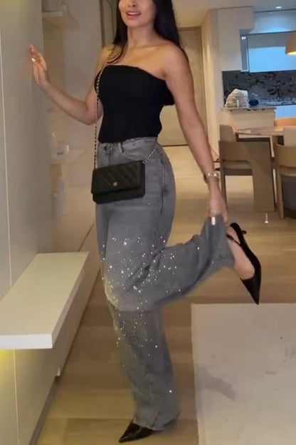 Fashion Star Rhinestone High Rise Casual Pocket Straight Loose Jeans