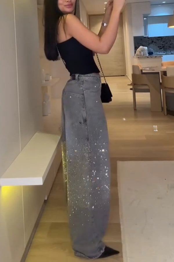 Fashion Star Rhinestone High Rise Casual Pocket Straight Loose Jeans