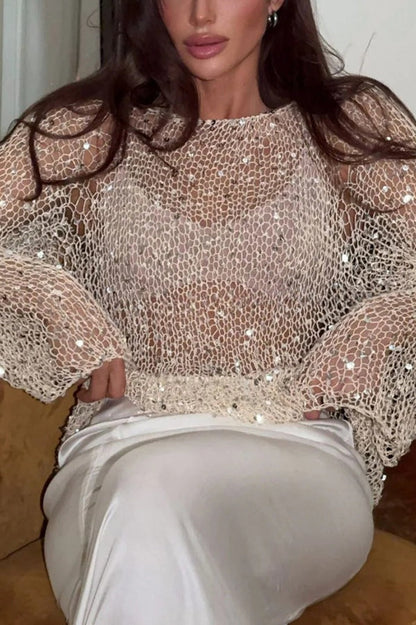 Fashion Sequined Hollow Long Sleeve Loose Knit Top