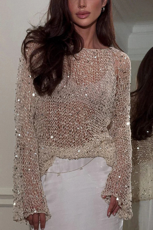 Fashion Sequined Hollow Long Sleeve Loose Knit Top