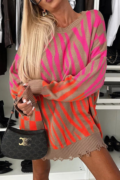 Fashionable Knit Zebra Geometric Pattern Frayed Hem Loose Sweater