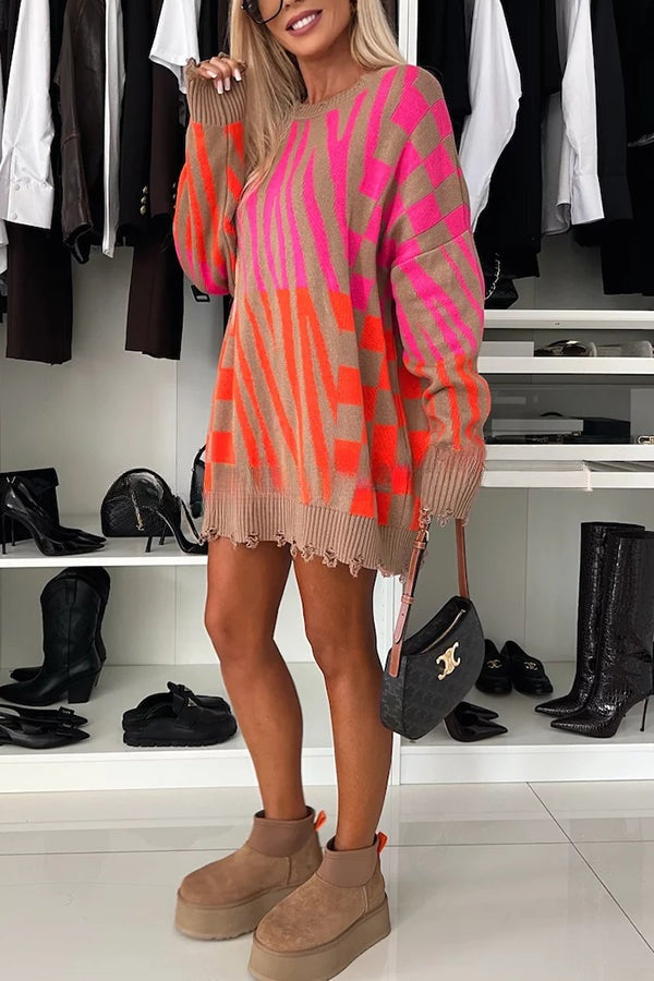 Fashionable Knit Zebra Geometric Pattern Frayed Hem Loose Sweater